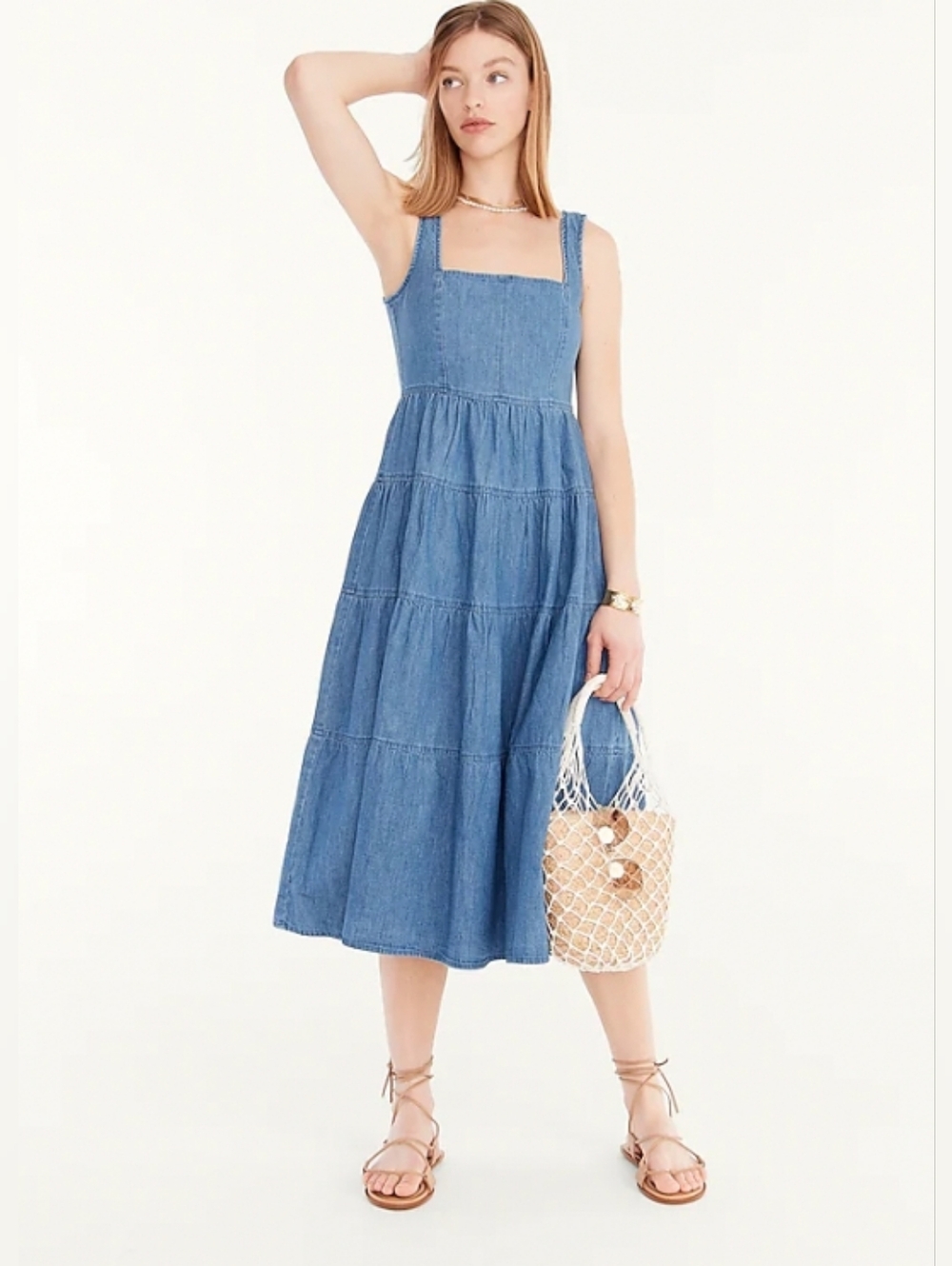 J.Crew Tiered Denim Midi Dress 10 Blue Squareneck Sleeveless A-Line Coastal Chic